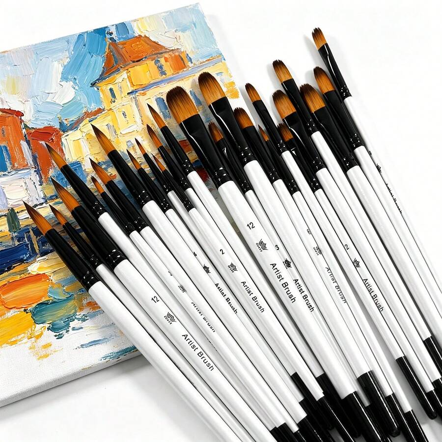 opeth Juego de 12 pinceles para pintura al óleo con mango de madera blanca perlada y cerdas de nailon, angulados, redondos, redondos para uñas, de cabeza plana, aptos para acrílico, acuarela, gouache, pintura al óleo profesional - Multicolor - Ver 1