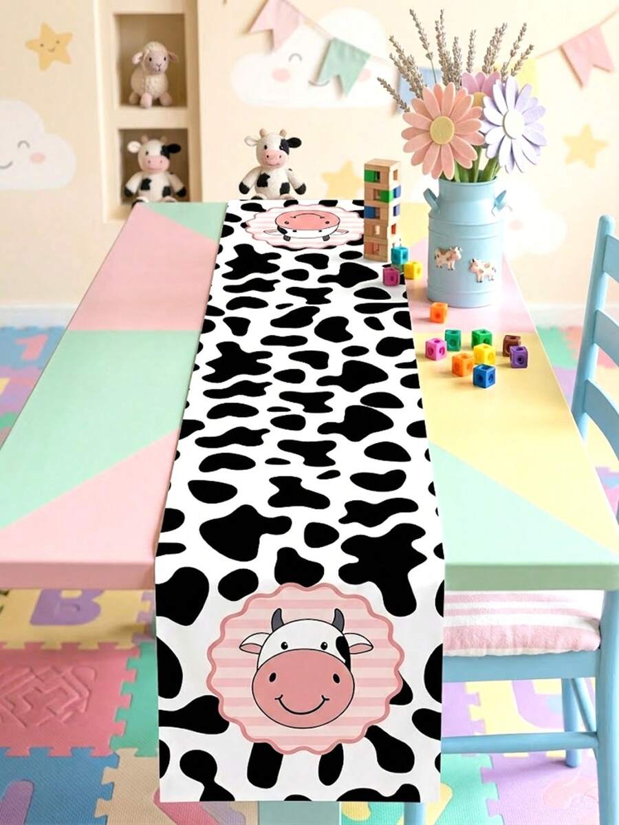 1 buah Taplak Meja Motif Sapi, 180x35cm, Taplak Meja Poliester dengan Pola Bintik Sapi, Cocok untuk Dekorasi Pesta Ulang Tahun Bertema Peternakan untuk Anak Laki-laki dan Perempuan, Perlengkapan Pesta Bayi - MultiWarna - View 1
