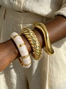 3pcs/Set Stackable Fashion Minimalist Elegant Exquisite Vintage Design Geometric Ribbon Texture Oil-Drip Pattern Asymmetric Motif CCB Polished Plain Band Metal Style Wide Chunky Bangle Bracelet Set, Holiday Vacation Party Date Gift, Daily Commute Wear, Personalized - Yellow Gold - View 5