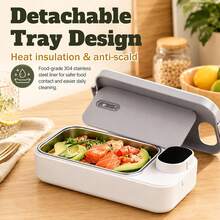 0.9L Large Capacity Rechargeable Heated Lunch Box, Cordless Battery Powered Food Warmer With Built-In Smart Timer, Portable Self-Heating Food Container For Car, Office And Road Trips - Light Grey - View 8