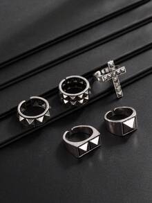 5pcs Personalized Punk Rivet Cross Rings, Men's Street Hip-Hop Geometric Metal Accessories, Suitable For Daily Wear, Parties, Music Festivals, Holiday Gift For Family And Friends - Antique Silver - View 3