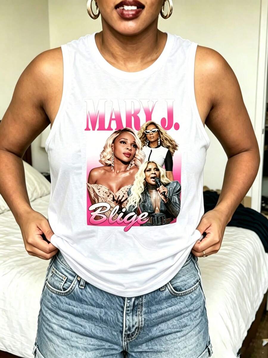 Mary J Blige Graphic Tank Tops Women, Y2K Summer Sleeveless Tops, Music Festival Going Out Crop Tops, Casual Streetwear - 白色5 - 查看 1