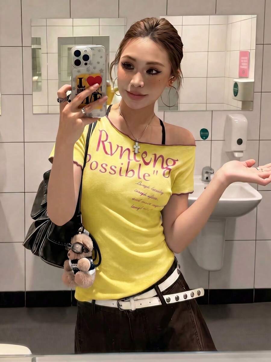 美式辣妹風藍色薄款短袖女款夏季修身露肩不對稱上衣 黃色 - 黃色 - 查看 1