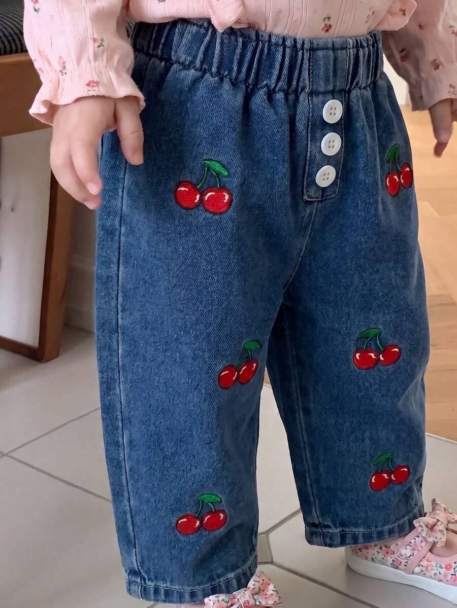 Baby Girl Street Style Elastic Waist Cherry Embroidery + Fake Placket White Button Design Cuffed Straight Leg Jeans - Medium Wash - View 1