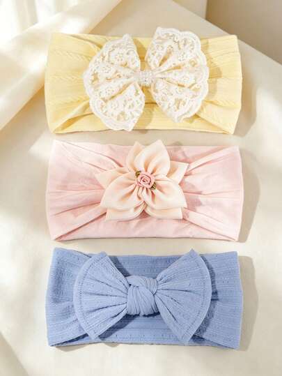 3pcs Macaron Color Baby Hair Accessories Set, Lace Bow & Flower Newborn Headband, Elastic Non-Tight Headband For Baby Photo Props