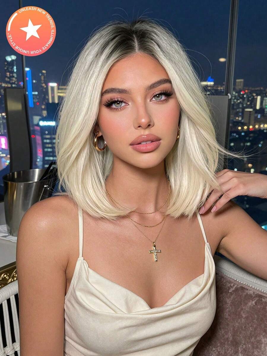 FIVE STARS Elegant Mid-Length Straight Wig With Bangs - Rose Net Cap, Heat-Resistant Synthetic Fiber, Wigs For Women,For Daily,Party,Cosplay,Halloween HOT - Multicolor - View 1