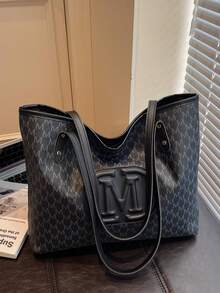 Bolso Tote de Mujer Estilo Europeo y Americano para el Trabajo, Bolso de Hombro de Moda, Bolso de Mano de Gran Capacidad con Estampado Vintage Minimalista - Negro - Ver 6