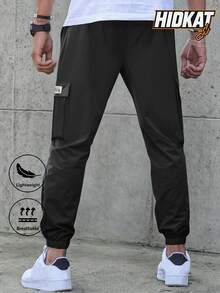 Pantalones cargo casuales ligeros para hombres, de unicolor, multifuncionales, con cintura con cordón y bolsillos con solapa, adecuados para uso al aire libre, deportes de primavera/verano - Negro - Ver 3