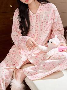 Gongdie 2 Pieces Snoopy Women Pajama Set,Spring Fall Soft Comfortable With Drop Shoulder Long Sleeve & Wide Leg Pants Loungewear - Pink - View 2