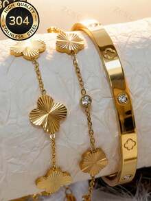 ZCNC Znice 2026 New Laser Geometric Glitter Women's Floral Bracelet Set, 304 Stainless Steel Plated With 18K Gold, Waterproof And Fade-Resistant, Suitable For Party And Daily Wear - Gold - View 4
