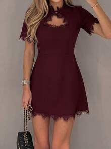 Women's Summer Elegant Burgundy Lace Patchwork A-Line Short Dress For Date, Daily Wear And Party - Burgundy - View 3