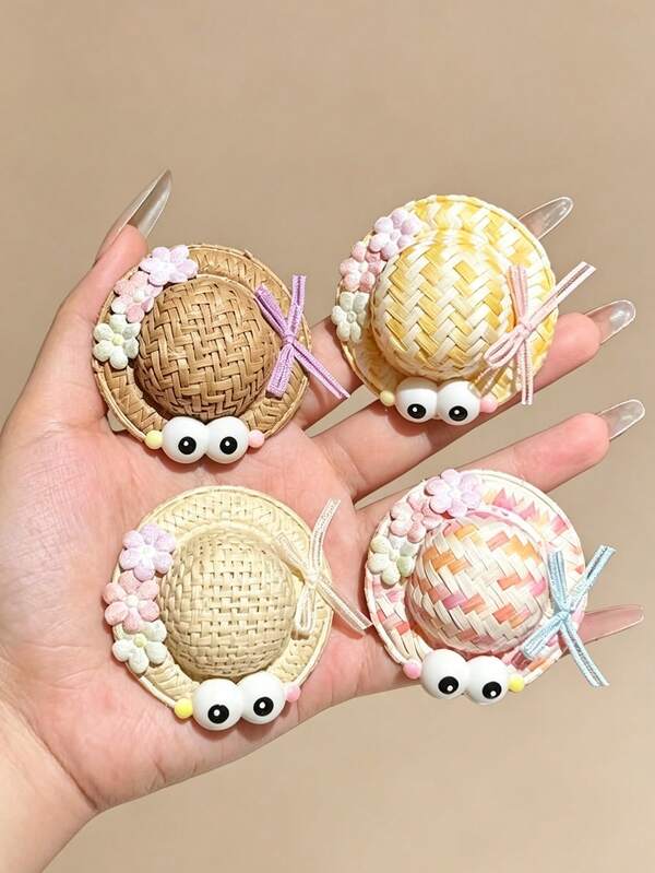 4pcs Colorful Plaid Woven Straw Hat Hair Accessories, Cute Fun Big Eye Straw Hat Hair Clips, Girls Hair Accessories