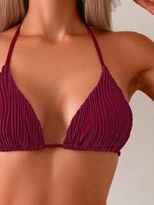 Women's Solid Color Special Wave Texture Fabric Triangle Back Bikini 2 Pieces Set Summer - Burgundy - View 3