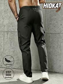 Men's Casual Cargo Pants With Drawstring Waist, Zipper Pockets, Lightweight Spring/Summer Long Pants Suitable For Running, Training, Outdoor Activities - Black - View 3