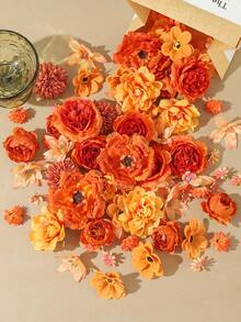 50PCS/100PCS Orange Tone Mixed Artificial Flower Head Set, Autumn Artificial Flower Head Wall Decoration, Suitable For Autumn Decor, Room Decor, Wedding Decor, Home Decor, Tabletop Wall Decor, Garden Decoration, Floral Arrangement Craft, Holiday Gift Choice - Orange - View 2