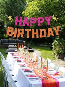 1pc Pink And Orange Glitter Happy Birthday Banner With Gold Stars, Bright Color Birthday Party Garland, Suitable For Girls And Women, Summer Birthday Party Decoration, Photo Backdrop, Dessert Table Party Supplies - Hot Pink Orange - View 3
