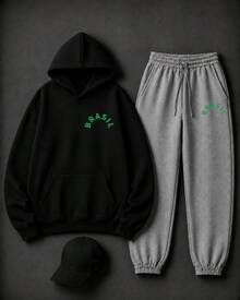 Conjunto Moletom com Boné Brasil Patriota Street Style Hip Hop Unissex Agasalho Premium Streetwear Lançamento Envio Imediato Várias Cores!! - Moletom Preto + Calça Cinza + Boné Preto - Visão 1