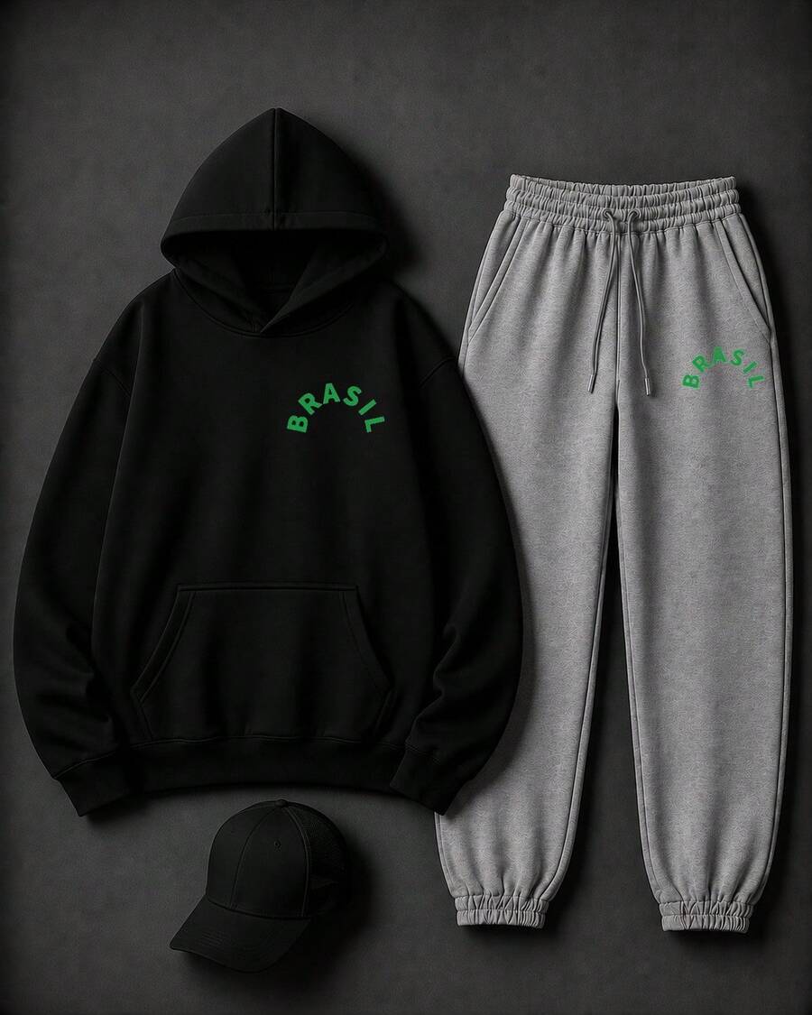 Conjunto Moletom com Boné Brasil Patriota Street Style Hip Hop Unissex Agasalho Premium Streetwear Lançamento Envio Imediato Várias Cores!! - Moletom Preto + Calça Cinza + Boné Preto - Visão 1