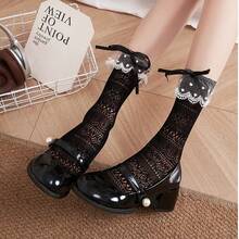 OU LIAN NIAO 1/2 đôi tất Lolita phong cách Gothic nơ, cao đến bắp chân, dễ thương thu hút, phù hợp cho mùa tựu trường - Nhiều màu - View 4