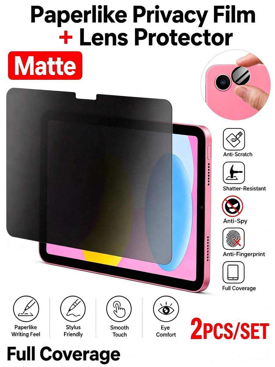 2Pcs/Set Matte Privacy Screen Protector + Camera Lens Protector, PET Anti-Slip Anti-Glare Film, Compatible With IPad 11th A16 2025 11", Air 1-7 / Pro 9.7"/10.5", Multiple Generations Tablet Screen Protector