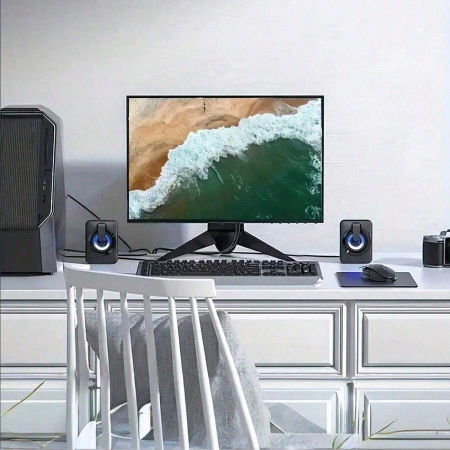1 Pair Desktop Computer Speakers, Wired USB Powered 3.5mm Audio Interface, Suitable For Desktop PC Laptop Phone Monitor, LED Blue Light Stereo Surround Bass Adjustable Volume, Mini Compact Gaming Multimedia Audio Speakers