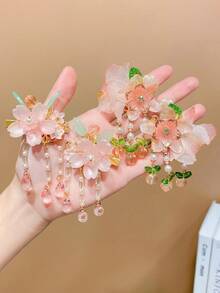 4pcs Girls Sweet Vintage Floral Tassel Hair Clips, Sweet Fashion Elegant Hair Clips - Multicolor - View 5