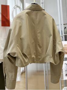 Women's Autumn Vintage Turn-Down Collar Short Flight Jacket With Zipper Pockets, Spring Long Sleeve Outerwear - Khaki - View 2