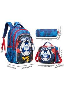 Ensemble de 3 pièces de sac à dos patchwork brodé de football mignon et à la mode pour enfants, avec un espace ample pour ranger les fournitures scolaires de votre enfant, un motif exquis, utilisant les couleurs préférées des enfants, convient pour l'école, les sports de plein air ou les voyages, cadeau d'anniversaire de vacances parfait pour les enfants, combinaison de sac à dos décontracté - bleu de football - Voir 2