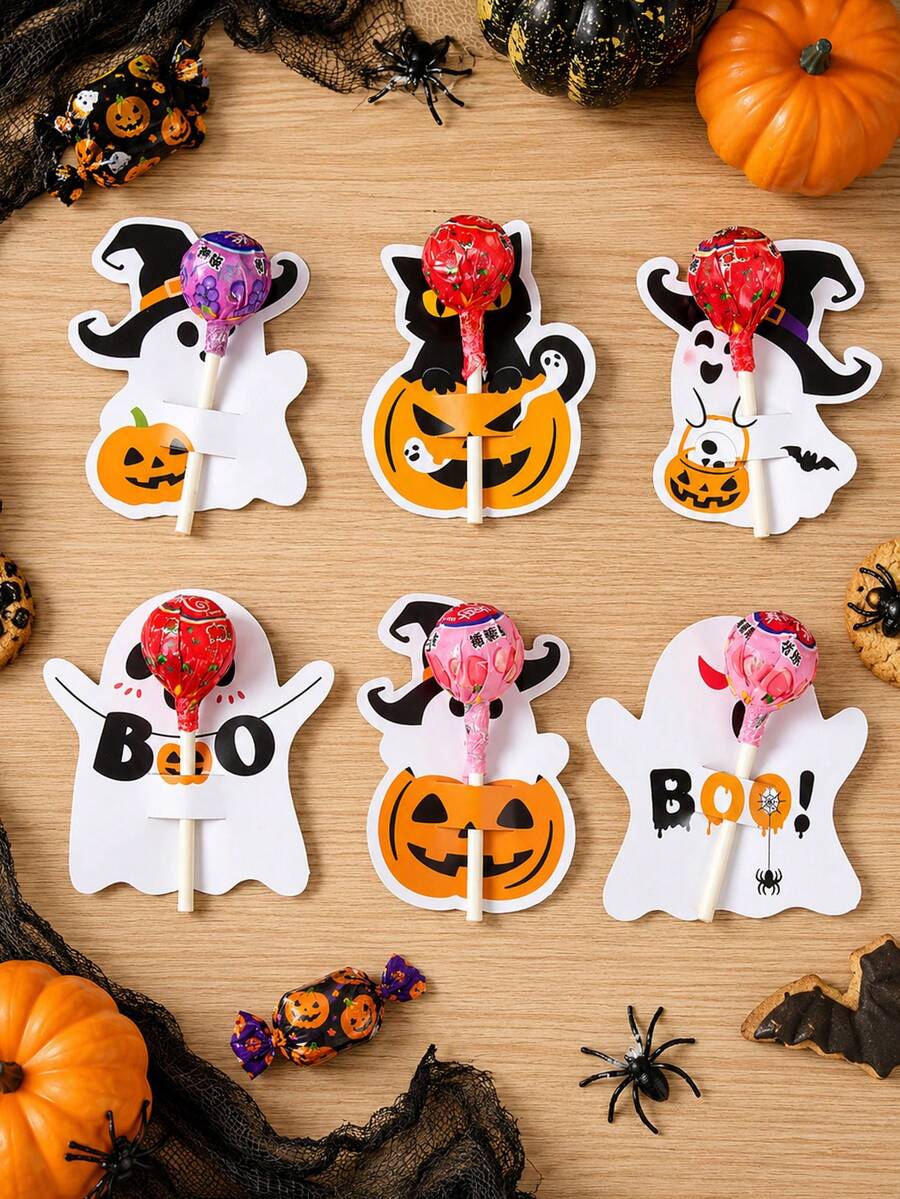 48pcs Halloween Lollipop Cards, Cute Ghost Pumpkin Witch Lollipop Tags, BOO Slogan, Non-Scary Cartoon Design, Trick Or Treat, Halloween Party Favors, DIY Crafts, 2026 Halloween Decor, Ghost Party Decorations, Classroom Craft Activities