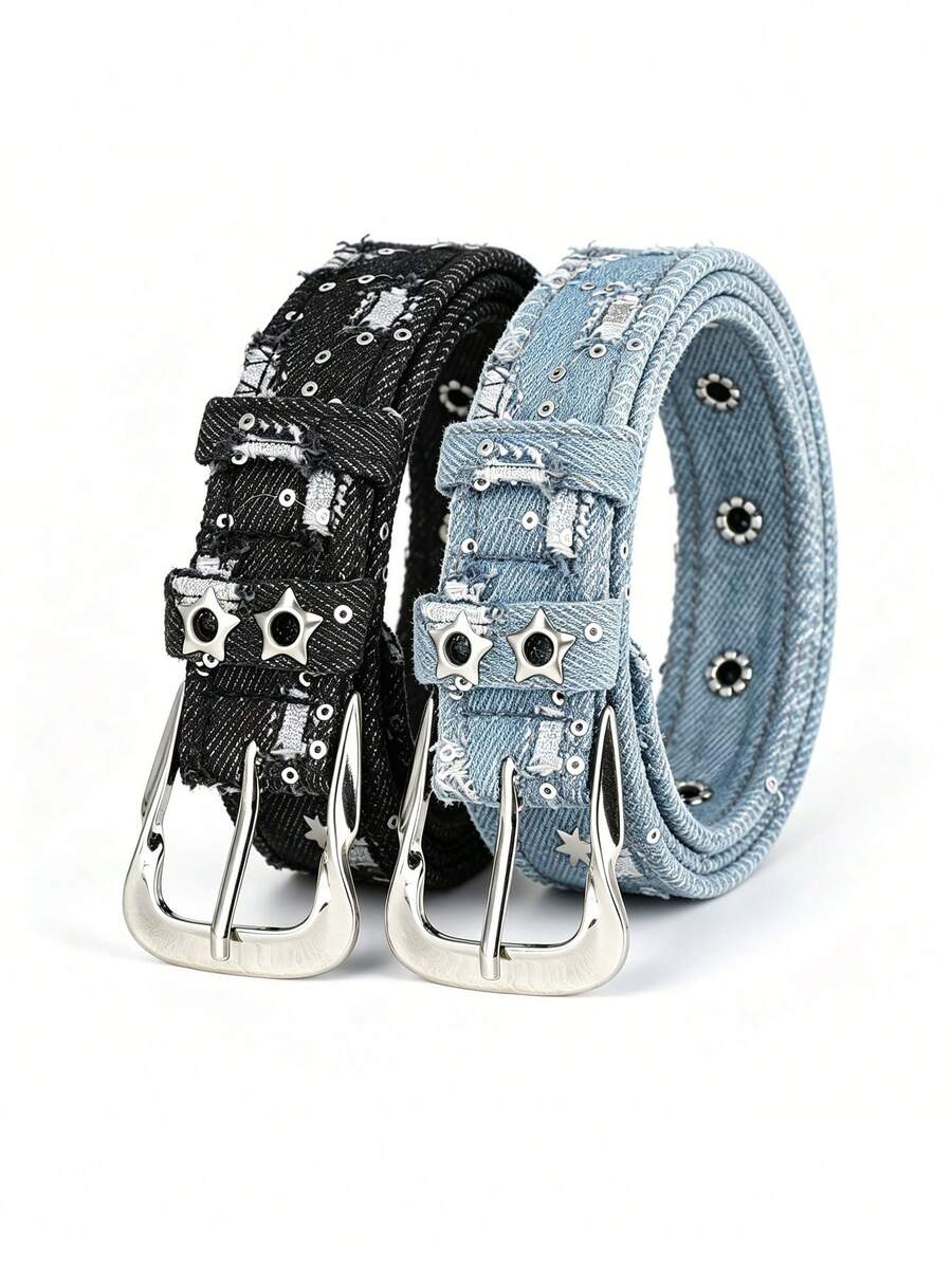 2pcs Punk Style Star Double Breasted Belt, Korean Version Jeans, Fashionable Decorative Pants Belt, Corns Belt - 2pc Black + Blue a - View 1