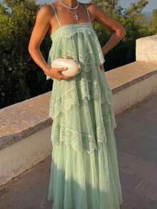 Damen Spitze asymmetrisches elegantes langes Party Rüschen Maxi Kleid, ärmellos Mode, Abschlussball, Abschlussfeier, Urlaubsoutfit Hochzeit Herbst - Minzgrün - Übersicht 11