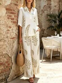 Women's Casual Bohemian Style 2-Piece Set, Floral Print Top Paired With Wide Leg Pants, Button Shirt Collar Summer Outfit - Apricot - View 4