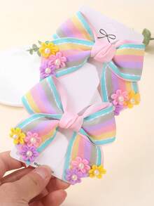 2PCS Girls Flower Bow Hair Clips, Exquisite Pearl Bow Hairpins, Fashion Multicolor Striped Hair Bows, For Daily And Holiday, Girly Hair Accessories - Multicolor - View 1