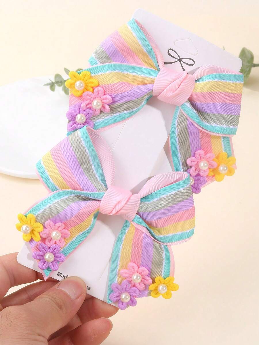 2PCS Girls Flower Bow Hair Clips, Exquisite Pearl Bow Hairpins, Fashion Multicolor Striped Hair Bows, For Daily And Holiday, Girly Hair Accessories - Multicolor - View 1