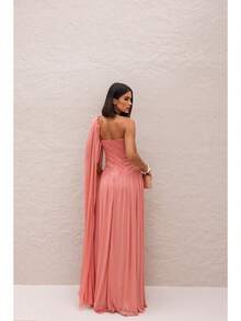 Long, One-Shoulder Party Dress In Dark Nude, Flowing Style, For Bridesmaids/Dates/Graduations/Guests. - Rose - View 2