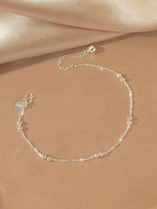 1pc Minimalist Charming Heart-Shaped Silver-Plated Water Wave Chain Double Bead Bell Anklet, Adjustable Jewelry For Women's Daily Wear - Silver - View 2