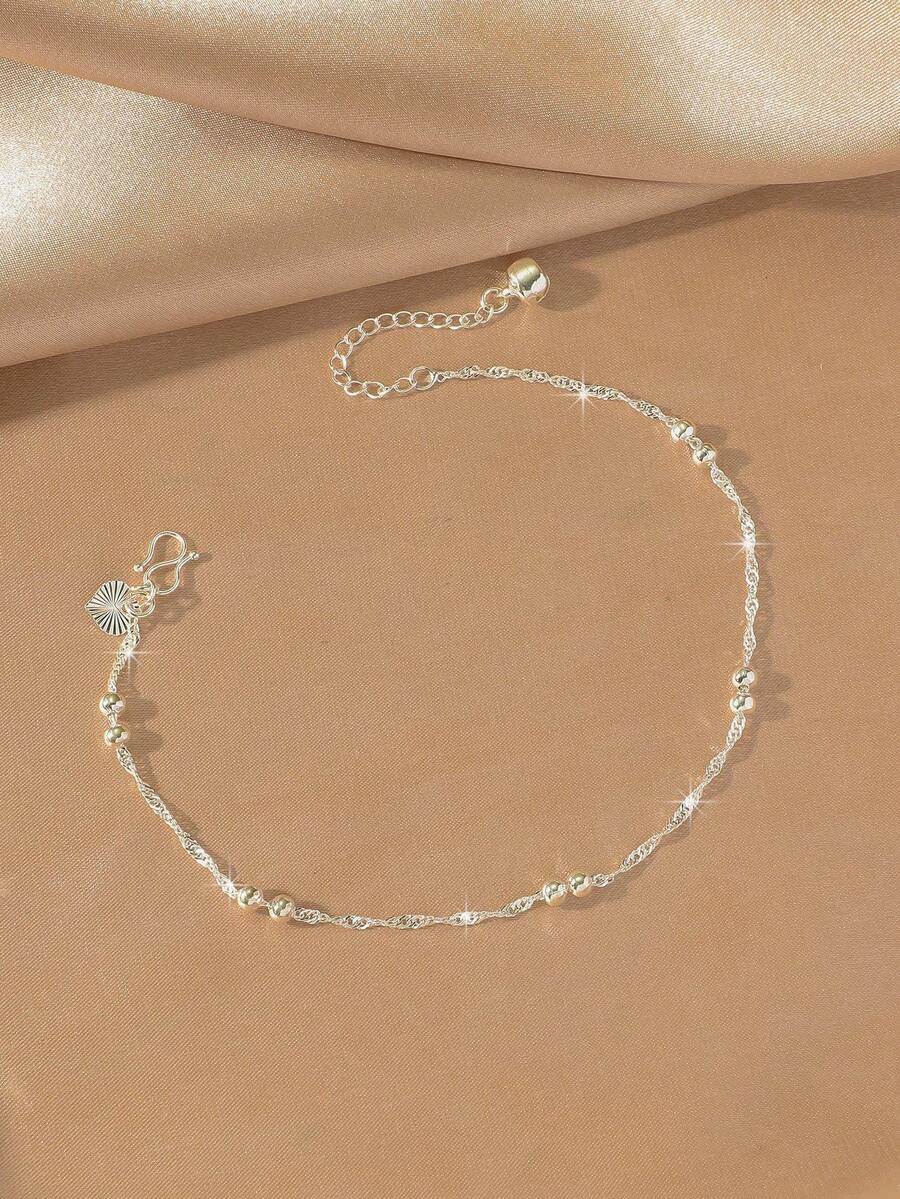 1pc Minimalist Charming Heart-Shaped Silver-Plated Water Wave Chain Double Bead Bell Anklet, Adjustable Jewelry For Women's Daily Wear