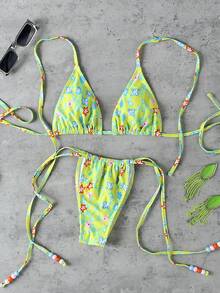 女款優雅春夏海灘度假黃綠色花卉印花性感掛脖休閒比基尼套裝，高彈性泳衣 - 彩色 - 查看 3