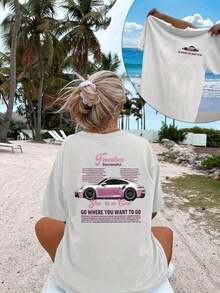 Women's Short-Sleeved T-Shirt With A Round Neck And Graphic Print Featuring Racing Car Motifs, A Versatile Leisure Item, Ideal For Spring And Summer O - 白色的 - 查看 1