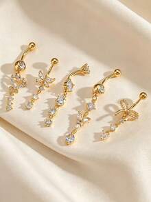 5pcs Navel Piercing Jewelry Set, Gold Stainless Steel Butterfly Heart Flower Zirconia Tassel Style, Hypoallergenic Piercing Accessories, Versatile For Beach Party - Yellow Gold - View 2