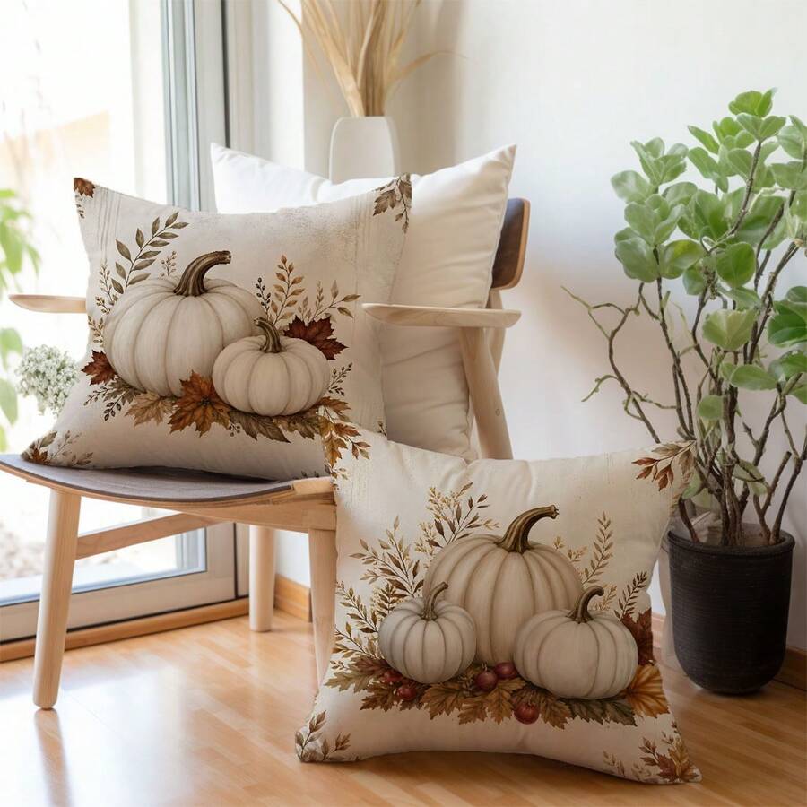 MEMNUN 2 Stück Vintage Kissenbezüge mit abgenutzter Holzmaserung und cremefarbenem Kürbisdruck [Kissenfüllung nicht enthalten], 40*40cm/45*45cm/50*50cm, [Einseitiger Muster] Aquarell Karamell Herbstblätter Beeren Ernte Thanksgiving Sofa Kissenbezüge Herbst Dekoration, Raum Dekoration, Heim Dekoration, Schlafzimmer Dekoration, Raum Dekoration Zubehör für Sofa, Bett, Wohnzimmer, Schlafzimmer, Auto, Büro, Hotel Dekoration Dekokissenbezüge für alle Jahreszeiten Perfektes Geschenk für Familie und Freunde - Verschiedenfarbig - Übersicht 1