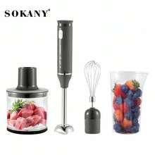 SOKANY 4合1多功能電動攪拌機，500W高功率，2段速度控制，可拆卸底座。包含主機、攪拌棒、攪拌杯、絞肉碗和研磨杯。適用於打蛋、攪拌肉類、榨汁等多種用途。 - 灰色 - 查看 12