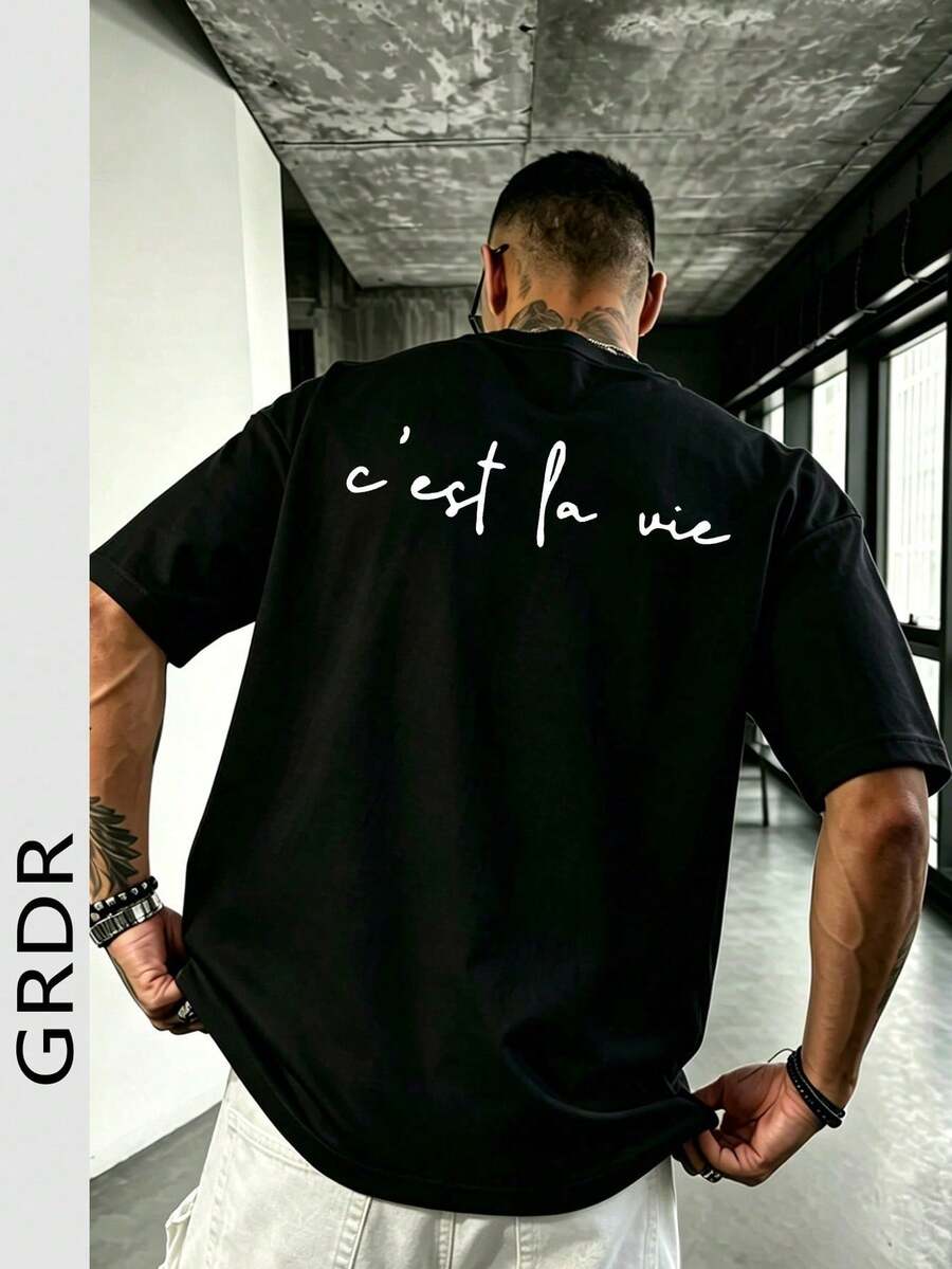 Fashionable Minimalist Slogan Pattern Short-Sleeve T-Shirt, Comfortable & Breathable, Suitable For Summer, Leading Style - 黑色 - 查看 1