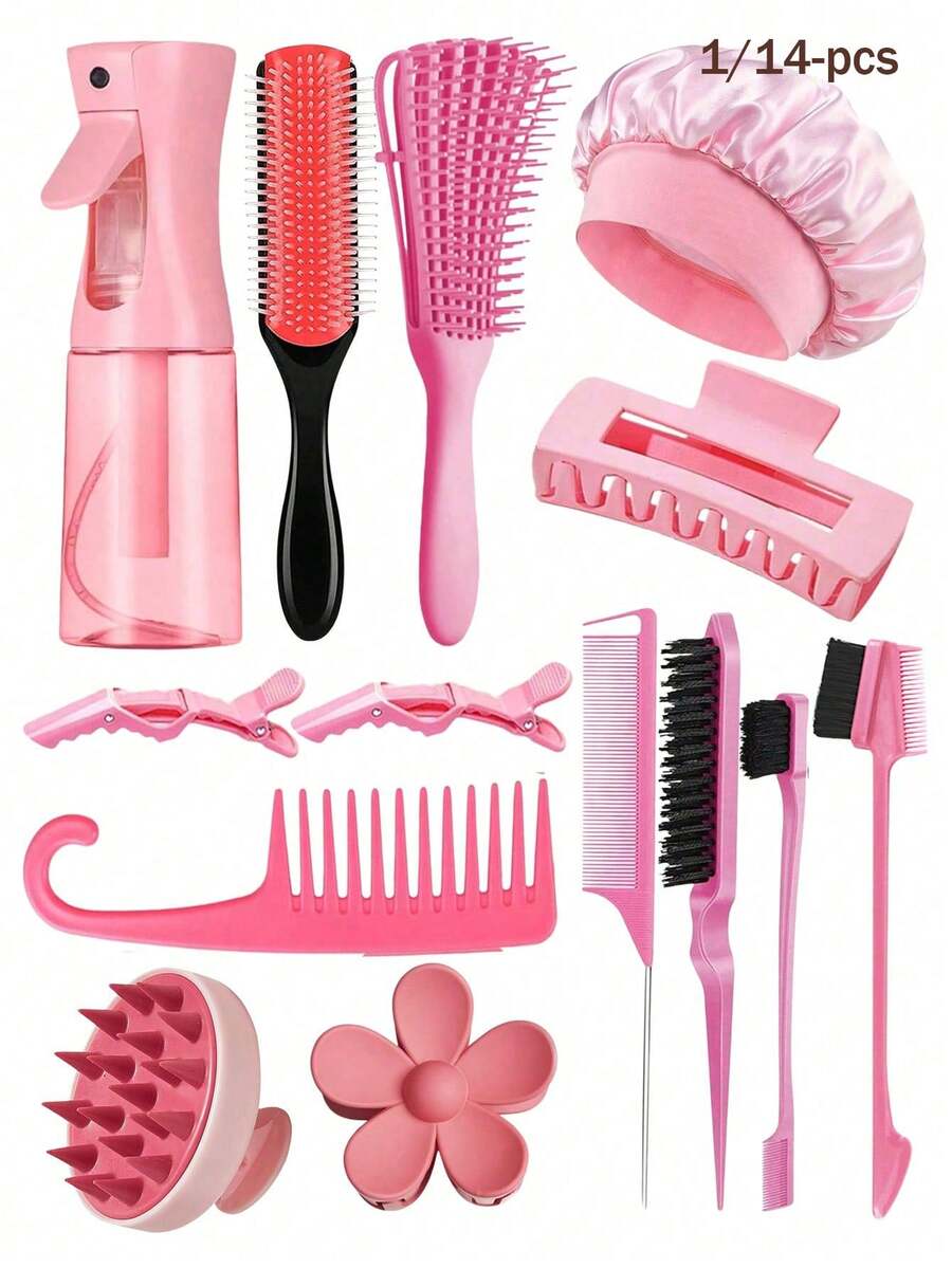 CHIGO Set di 14 pezzi/1 pezzo di strumenti per lo styling dei capelli, accessori da bagno, inclusi flacone spray e cuffia per dormire, set di spazzole arriccianti, pettine a 9 file, pettine a gancio a denti larghi, fermaglio per capelli a fiore, pettine a coda appuntita, pettine a doppia estremità, accessori da bagno, strumenti per spazzola da bagno, pettini, pettine per lo styling delle parrucche, ritorno a scuola, essenziali per il dormitorio universitario