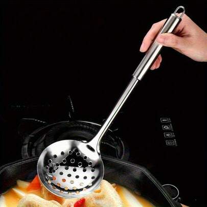 1 pieza Cuchara ranurada de mango largo resistente, con cabeza de malla hueca, utensilio de cocina, apto para olla caliente, sopa, utensilios de cocina, utensilios de cocina modernos, estructura resistente, herramienta de cocina