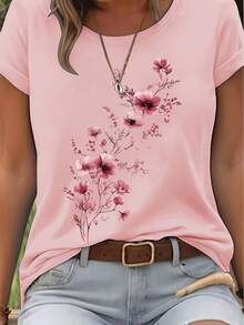 Camiseta con estampado floral elegante en acuarela + mangas cortas + cuello redondo + ropa casual de primavera y verano para mujer - Rosa - Ver 1