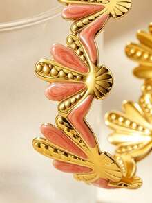 2 PIEZAS Pulsera de acero inoxidable con diseño de combinación de plumeria/vieira de estilo elegante y suave, moda minimalista para vacaciones en la playa, adecuada para uso diario de mujeres/fiesta de jardín/banquete nocturno/ropa de vacaciones/se puede dar como regalo festivo a amigos - Amarillo Oro - Ver 9