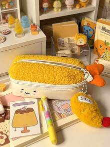 1pc Cute Tempura Fried Shrimp Plush Pencil Case, Large Capacity Multi-Compartment Stationery Storage Bag, Matching Fried Shrimp P, First Day Of School - Multicolor - View 6