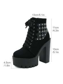 Gdgydh Women Ankle Boots Platform Lace Up Punk Heeled Motorcycle Boots Sexy Fashion Rivets Black Ankle Boots For Woman Spring Autumn Cosplay Shoes - Black - View 7