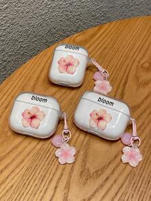 1件裝 扶桑花「Bloom」字母印花透明無線耳機充電盒保護套，附心形花朵吊飾耳機夾，清新甜美女孩風日常配件，適合生日、聖誕節、情人節、感恩節、開學季禮物 - 彩色 - 查看 3